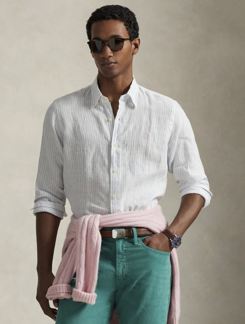 Polo Ralph Lauren Men Classic Fit Linen Shirt White/Blue Size L